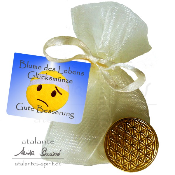 Blume des Lebens Glücksmünze "Gute Besserung" im Organzasäckchen | Farbe silber | Vorderseite | EnerChrom® ist eine Marke von atalantes spirit®